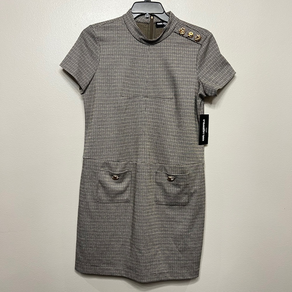 Karl Lagerfeld Paris Brown Houndstooth Mock Neck Sheath Dress Gold Buttons 12